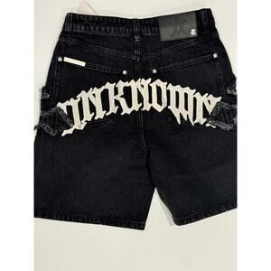 UNKNOWN MAIN LINE COLLECTION CROSS PATCH WASHED DENIM SHORTS Size 28 BLACK